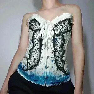 Butterfly on white romantic lace-up boned overbust sweetheart  corset bustier